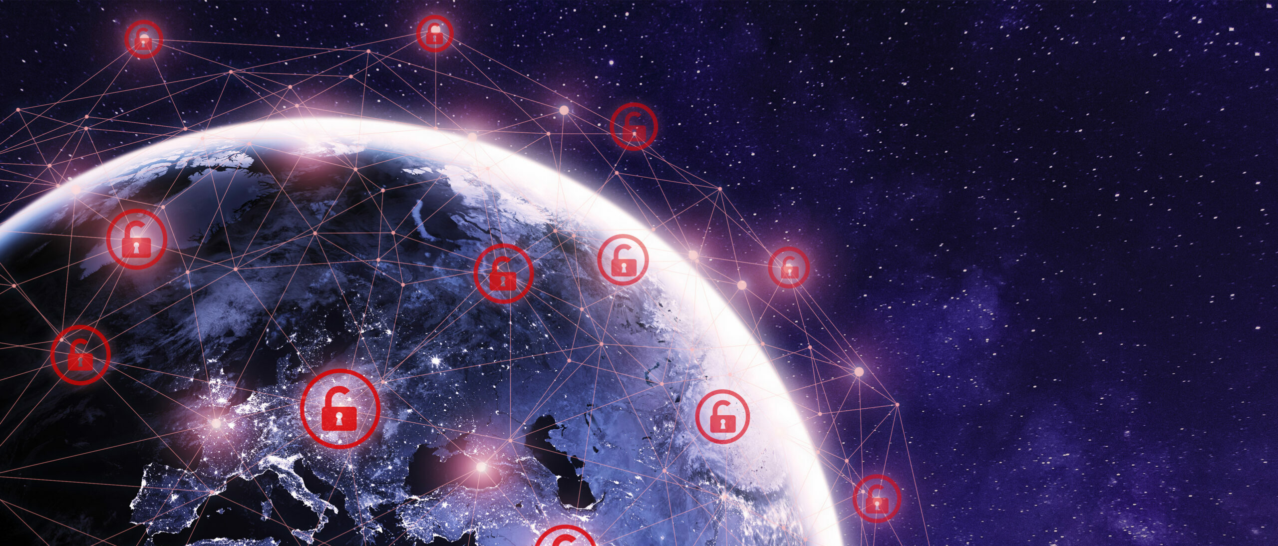 Global cyber attack around the world with planet Earth viewed from space and internet network communication under cyberattack with red icons, worldwide propagation of virus online