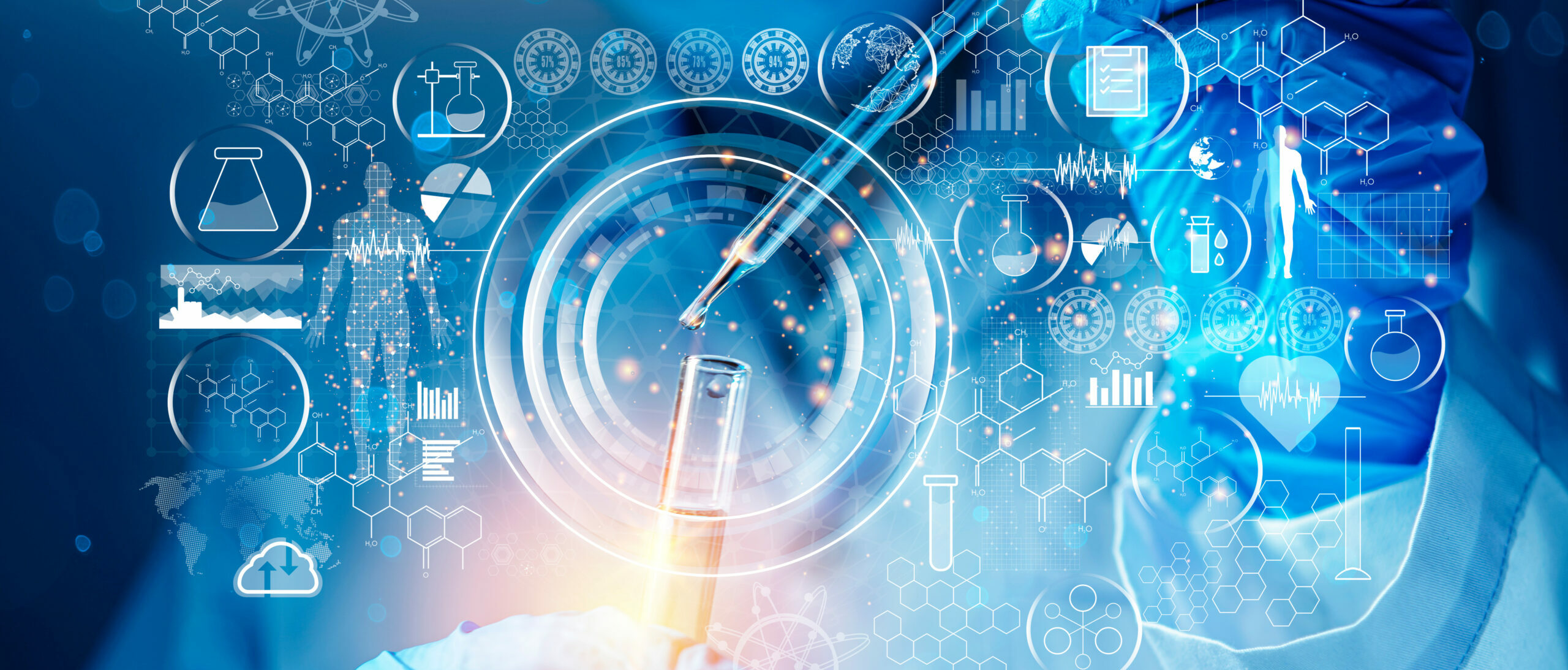 Genetic research and Biotech science Concept. Human Biology and pharmaceutical technology on laboratory background.